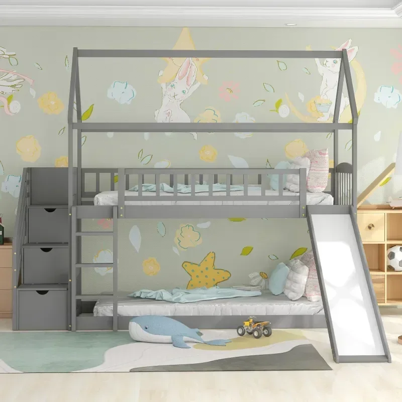 Bunk Bed With Stairs And Slide - Stevig houten kinderbed, stapelbed met twee