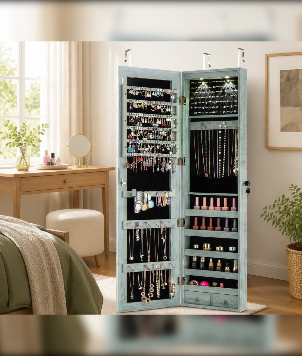 Full Length Mirror Jewelry Armoire - Wand- of deurmontage sieradenkast met spiegel