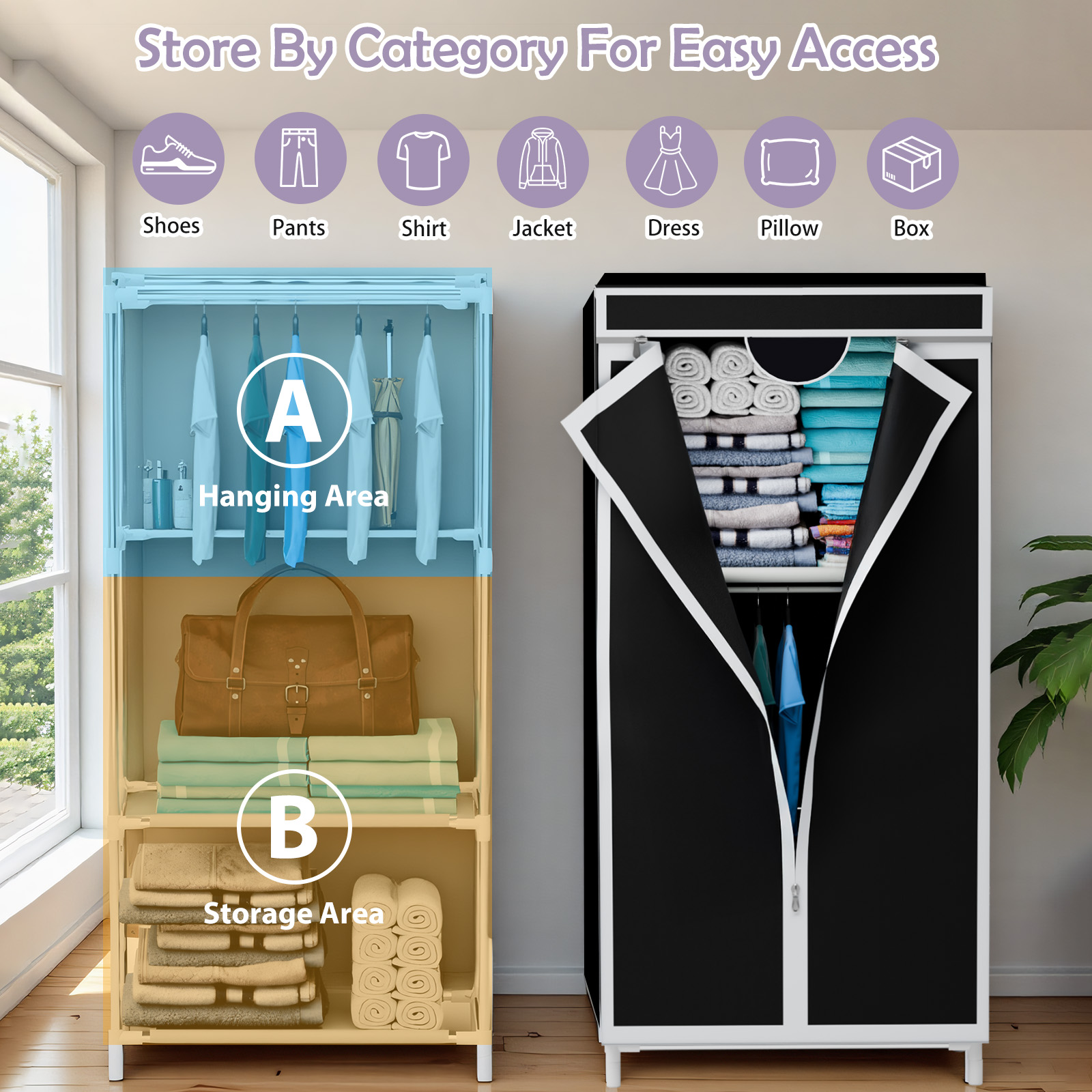 Wardrobe Closet Portable Fabric Cover - Draagbare kledingkast van stof met hangrek,
