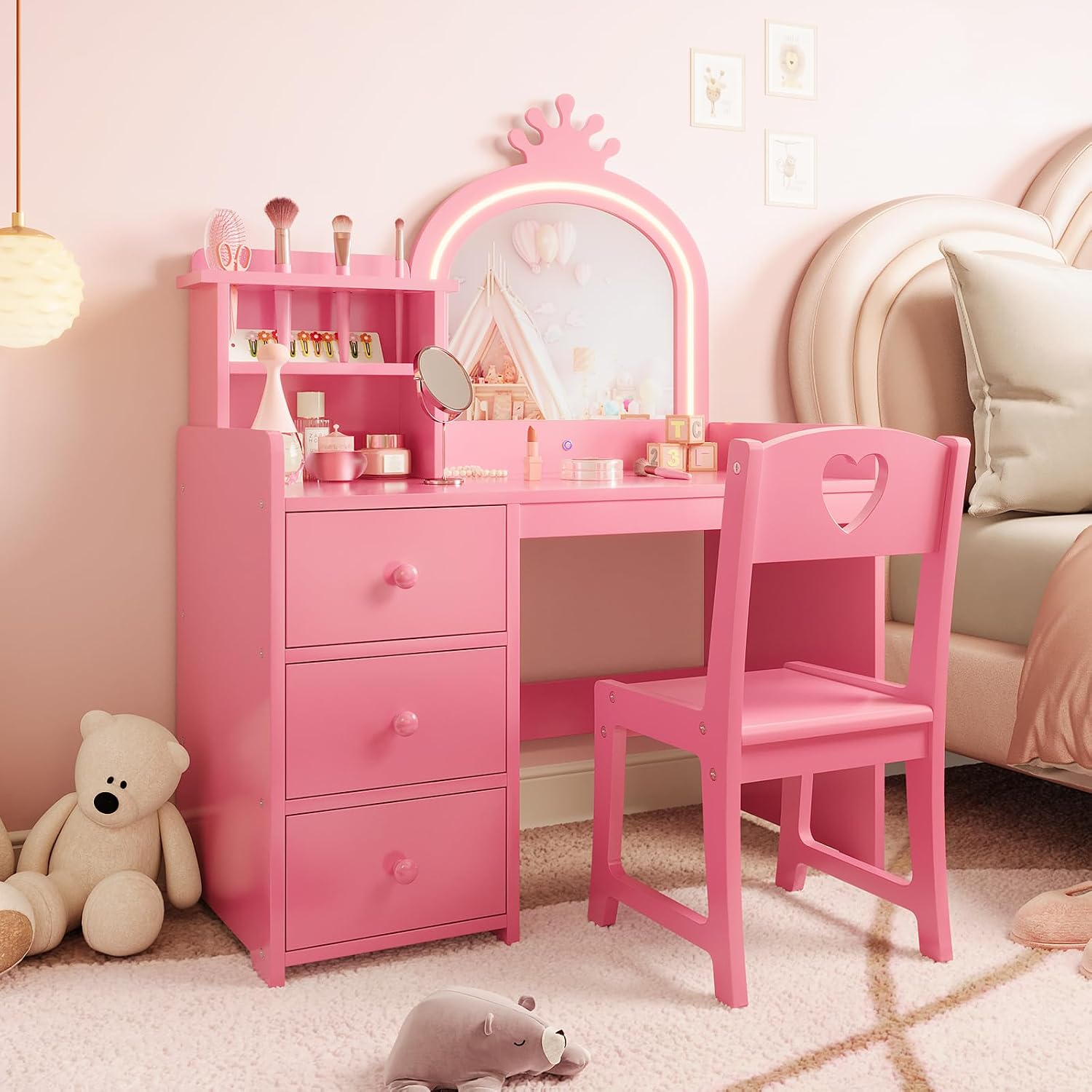Dressing Table Vanity With Lighted Mirror - Kinderkaptafel met verlichte spiegel, roze houten