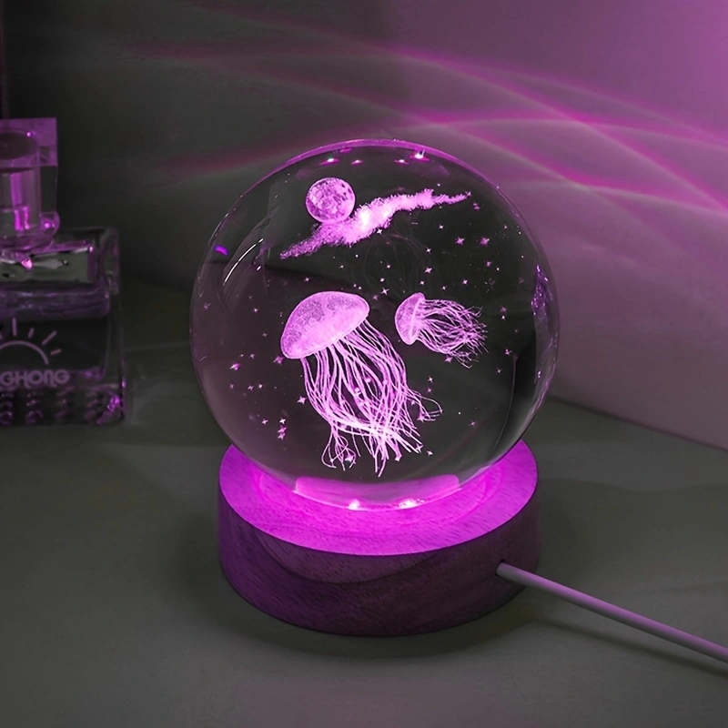 Floating Nightstand With Led Light - 3D Kwallen Laser gegraveerde kristallen bol