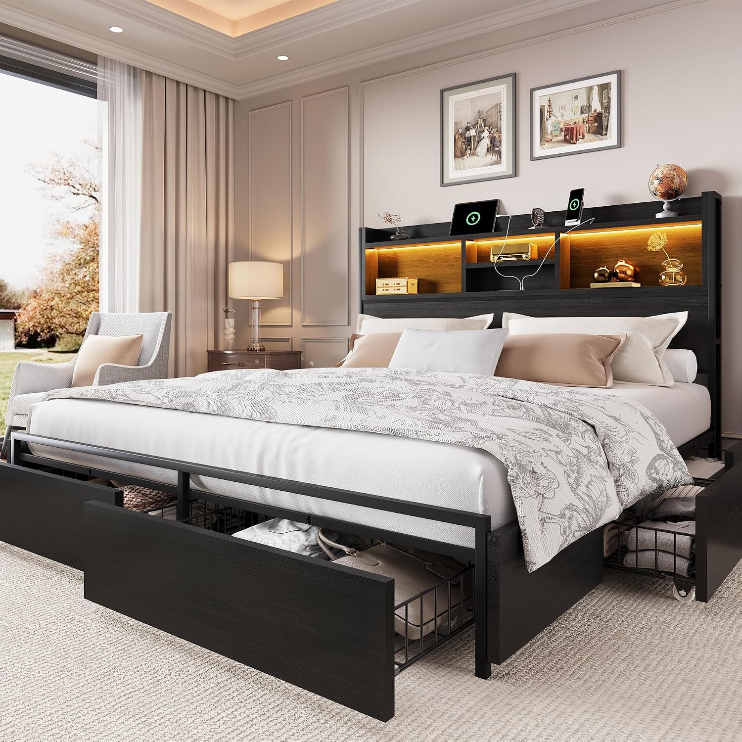 King Size Bed Frame With Storage Drawers - Kingsize bedframe met 6 opbergladen en