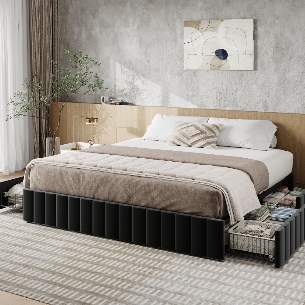 King Size Bed Frame With Storage Drawers - Kingsize platformbedframe met 4 grote opbergladen,