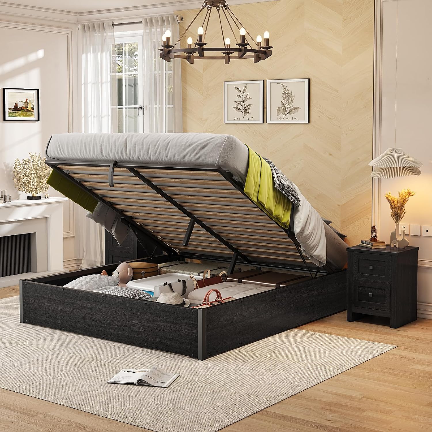 Gas Lift Storage Bed Hydraulic - Opklapbaar opbergbedframe, donker eikenhouten platform met