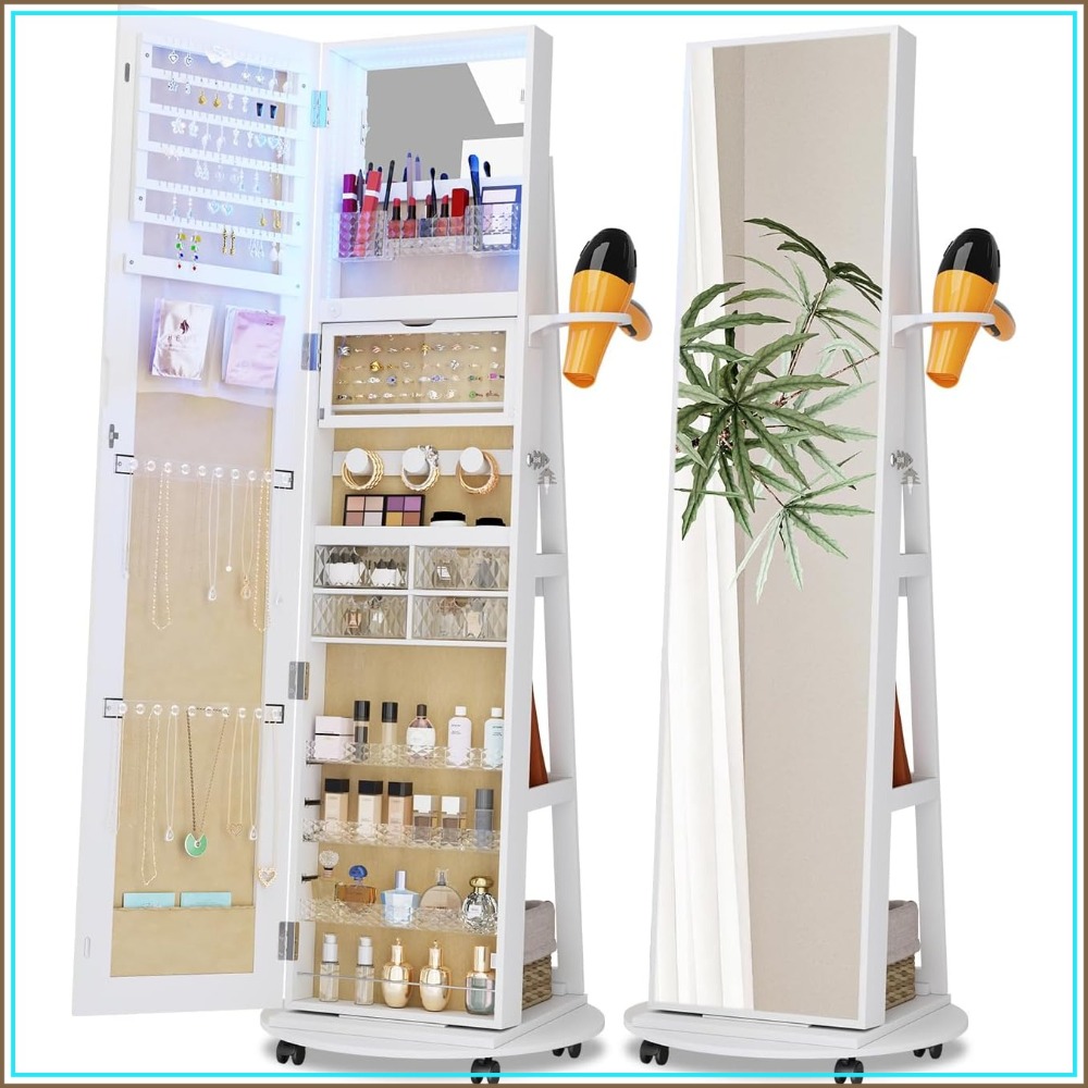 Full Length Mirror Jewelry Armoire - Spiegelkast met opbergruimte, 360 graden draaibaar,