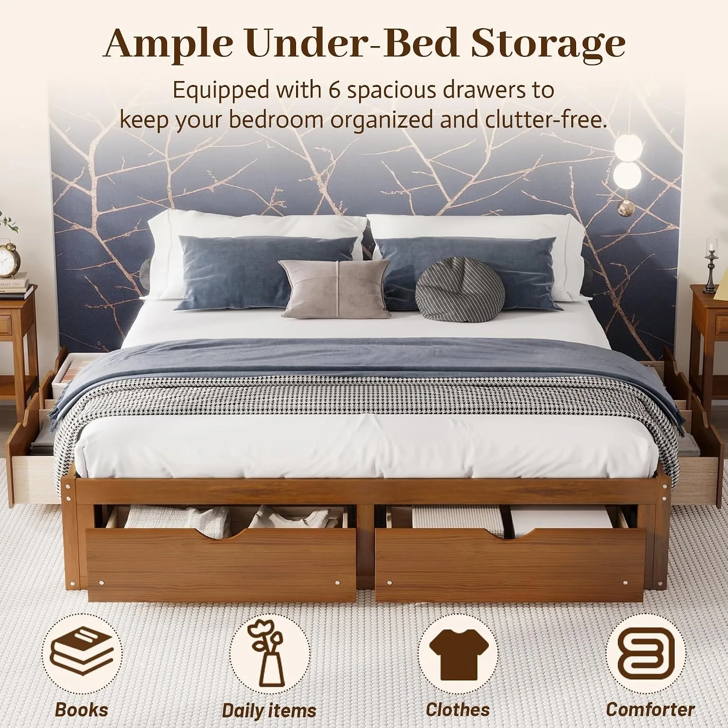 King Size Bed Frame With Storage Drawers - Minimalistisch bedframe van grenenhout, met 6