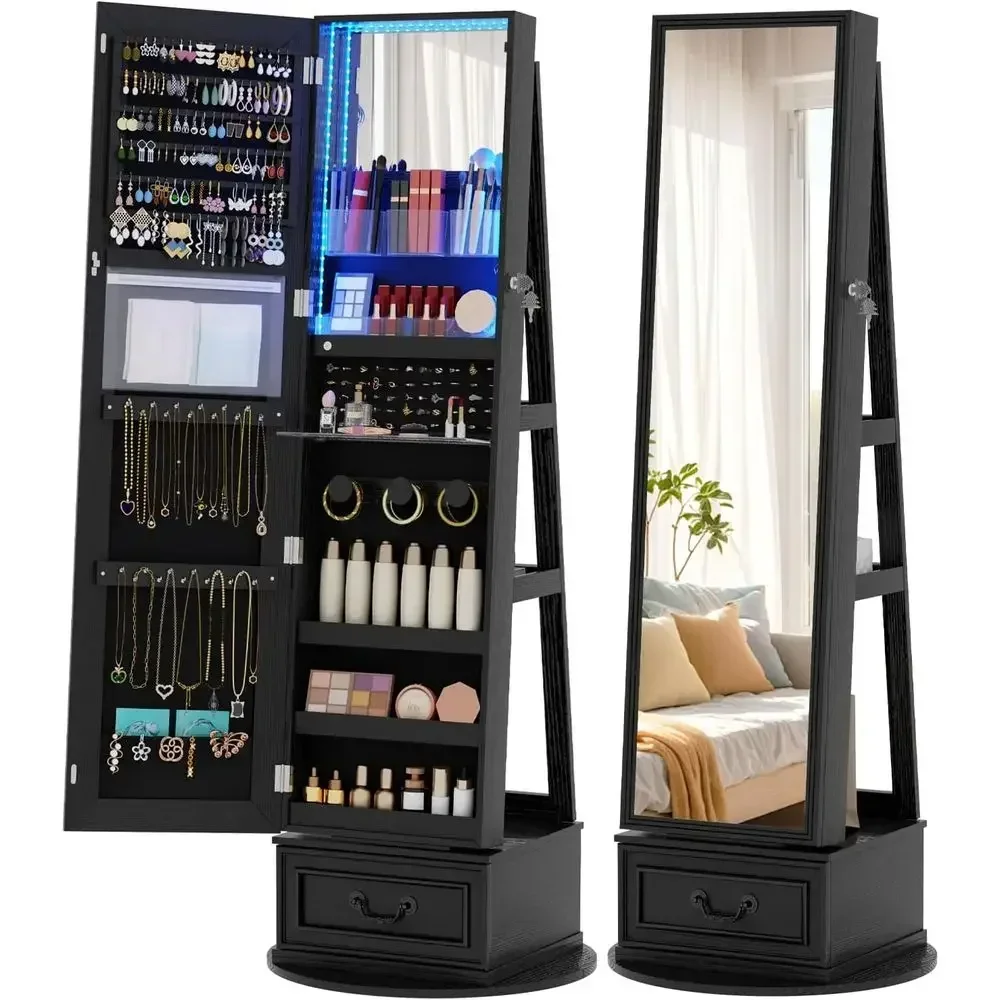 Full Length Mirror Jewelry Armoire - 360 ° Draaibare, afsluitbare sieradenkast met