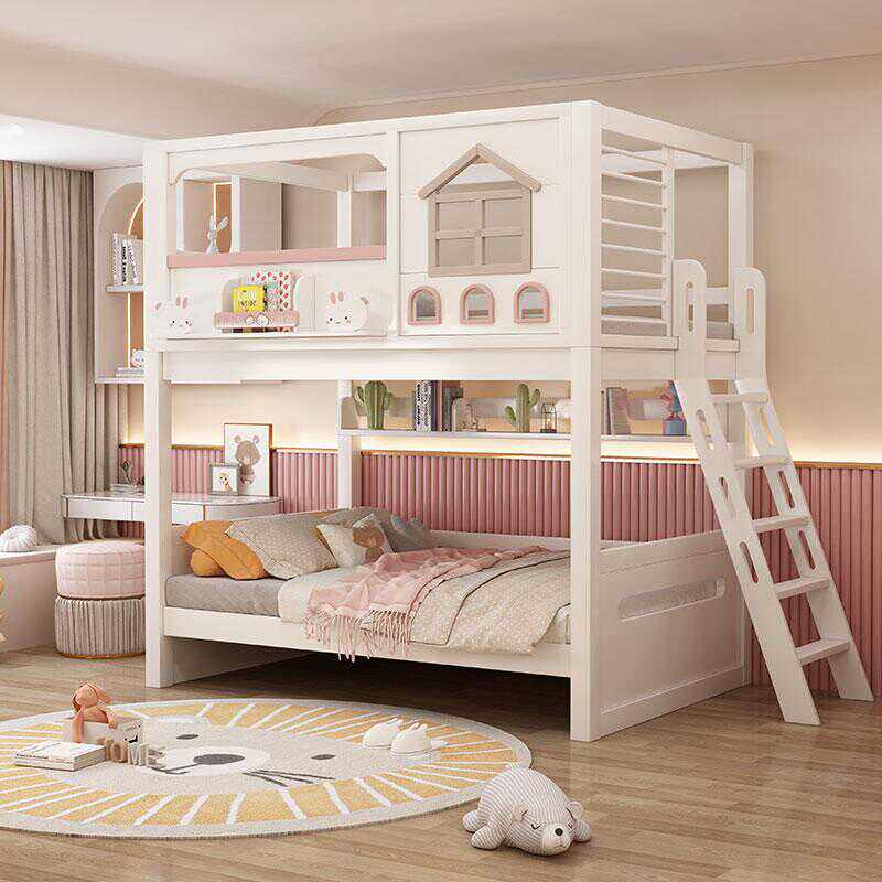 Bunk Bed With Stairs And Slide - Modern roze massief houten kinderstapelebed met