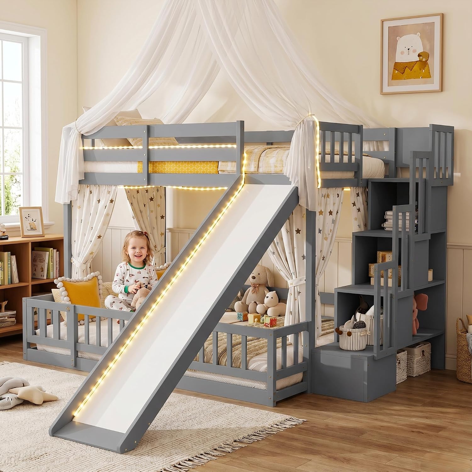 Bunk Bed With Stairs And Slide - Tweepersoonsbed met een extra bed erboven,