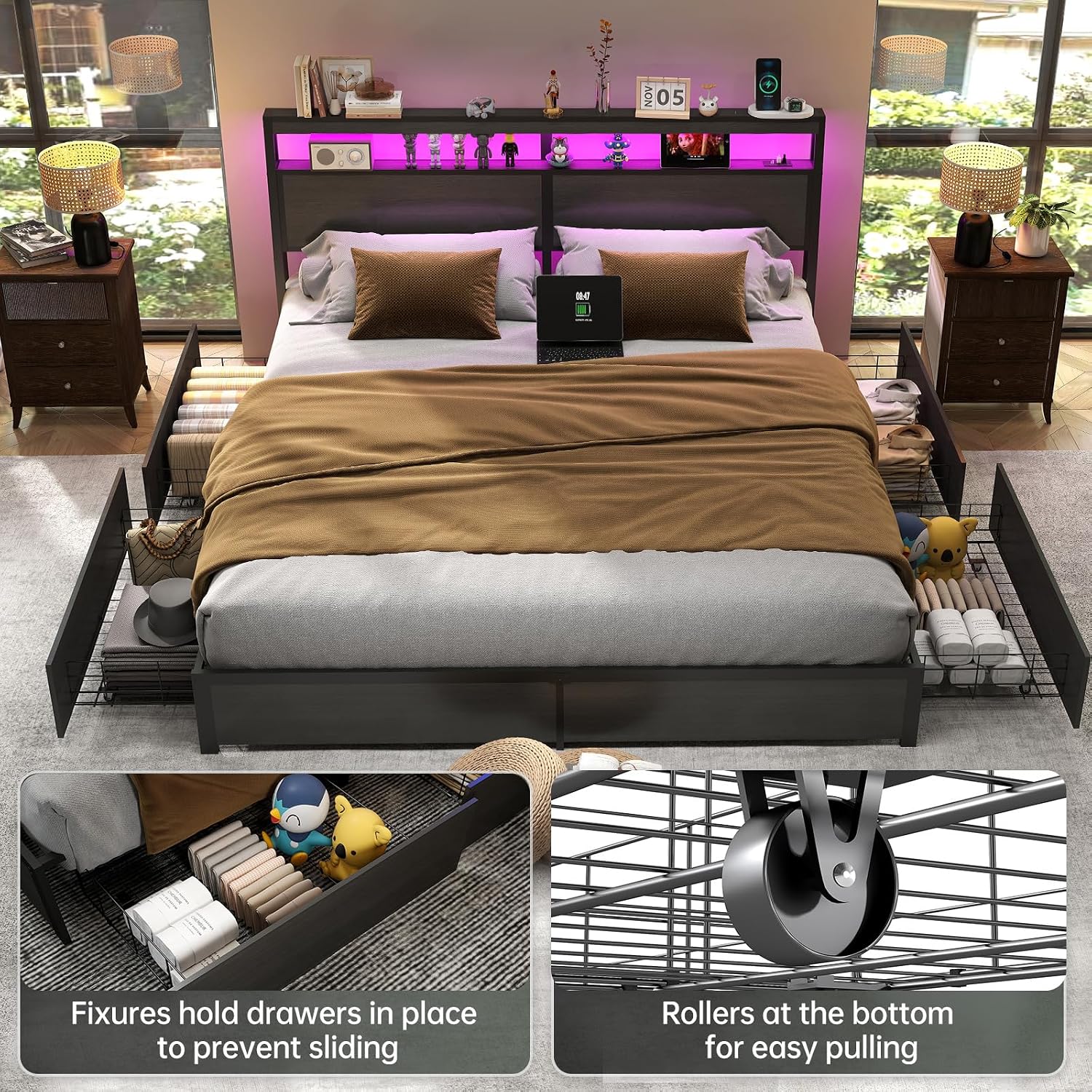 Kingsize bedframe met LED-verl - King Size Bed Frame With Storage Drawers recensie en prijs