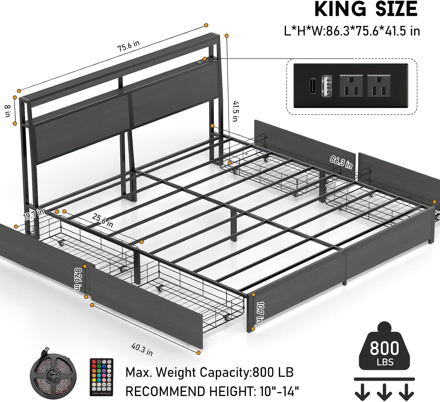 Kingsize bedframe met LED-verl - King Size Bed Frame With Storage Drawers recensie en prijs